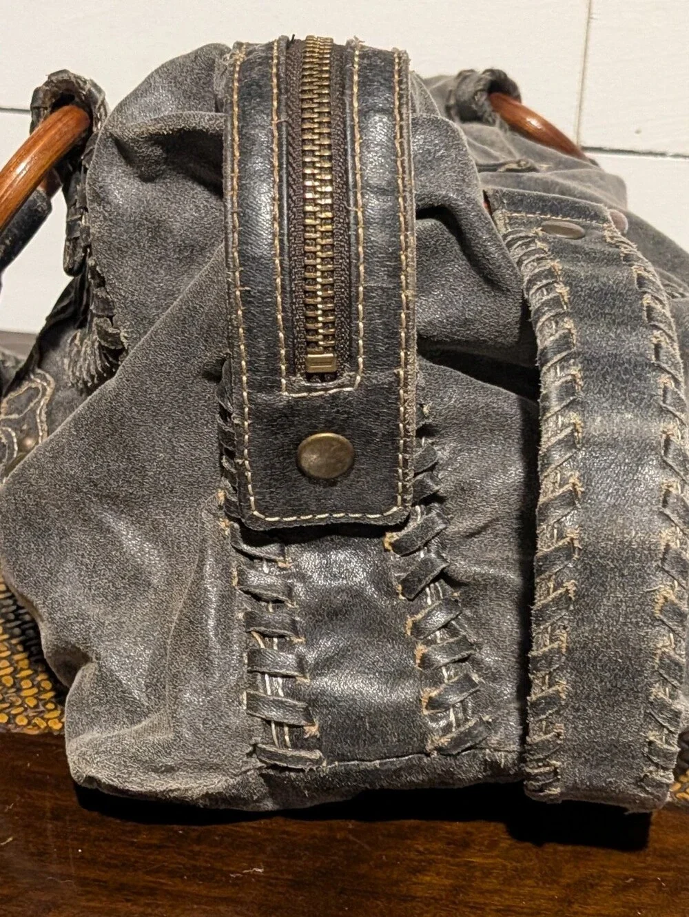 Y2K Guess Hobo Bag Womens Large Pewter Metallic Logo Rhinestone Whipstitch Studs
